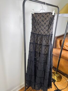 Urban Outfitters Black Lace corset to Tiered Strapless Maxi Dress